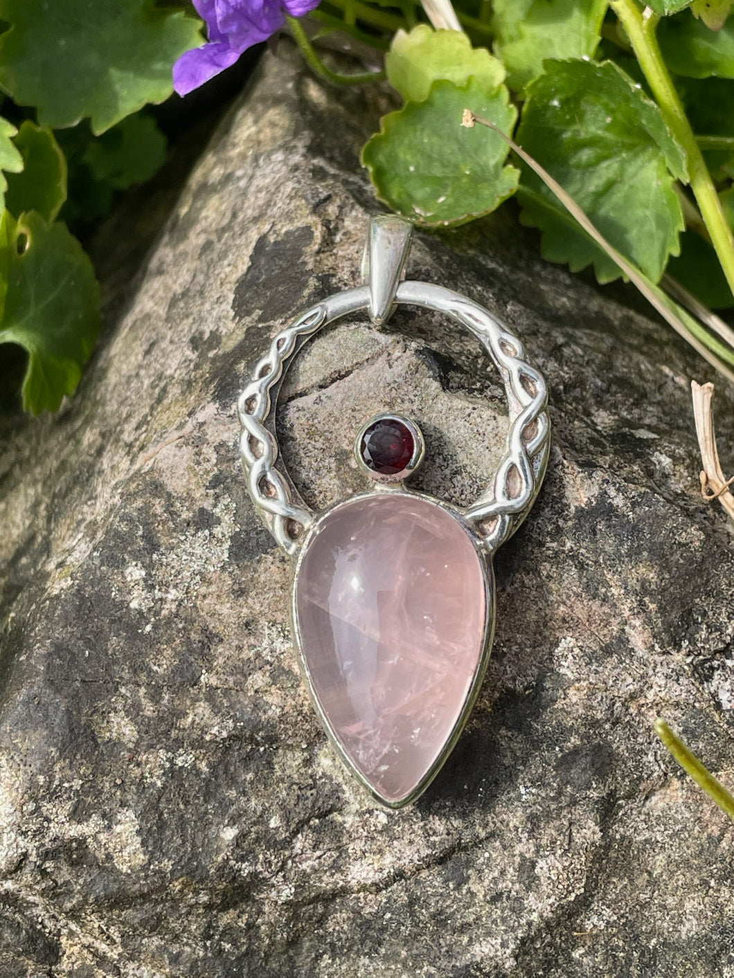 925 Sterling Silver Rose Quartz & Garnet Celtic Angel Pendant