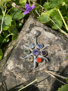 Silver Chakra Sun Pendant with Faceted Stones