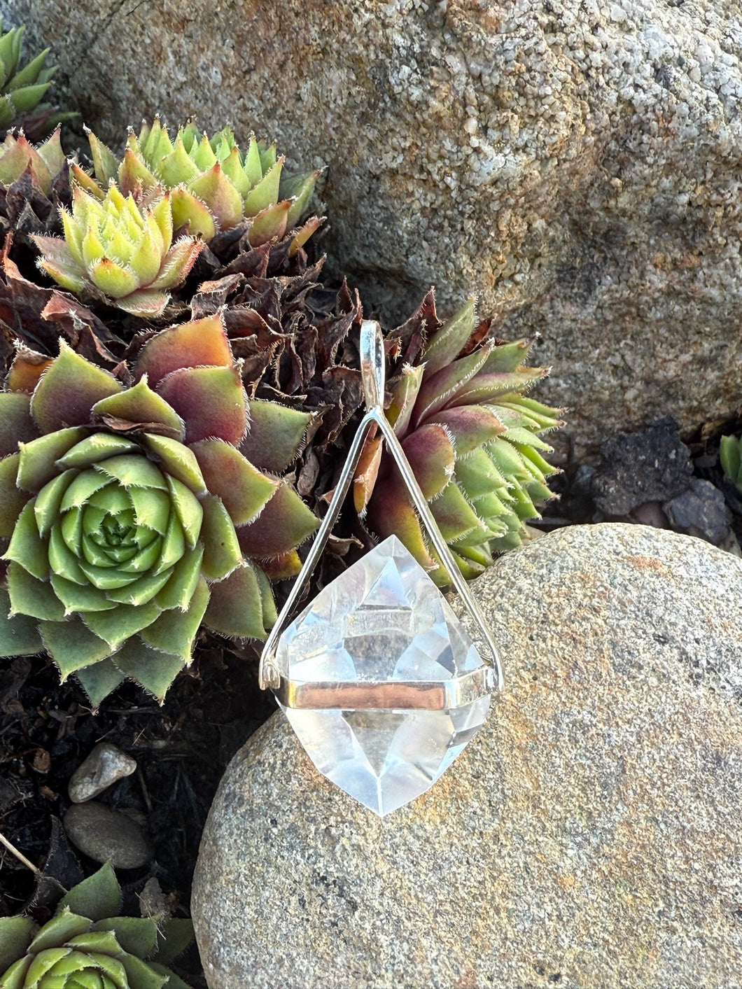 Silver Double Terminated Diamond Quartz Pendant