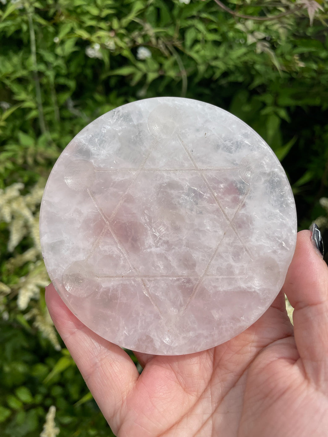 Rose Quartz Pentagram Grid Carving