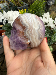 Amethyst and Crazy Lace Agate Skull Carving from Mexico