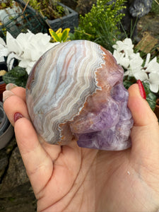 Amethyst and Crazy Lace Agate Skull Carving from Mexico