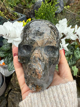 Load image into Gallery viewer, Large Tourmaline and Garden Quartz Skull Carving
