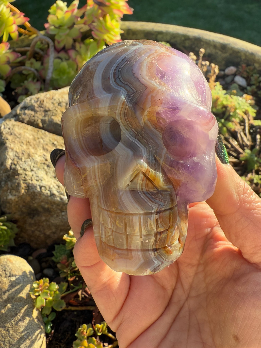 Amethyst and Crazy Lace Agate Skull Carving from Mexico