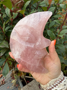 Large Rose Quartz Moon with Face Carving on Stand