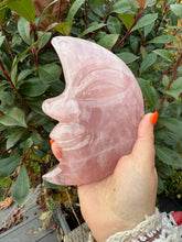 Load image into Gallery viewer, Large Rose Quartz Moon with Face Carving on Stand
