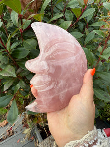 Large Rose Quartz Moon with Face Carving on Stand