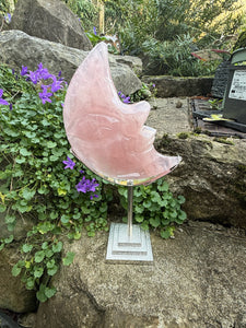 Large Rose Quartz Moon with Face Carving on Stand