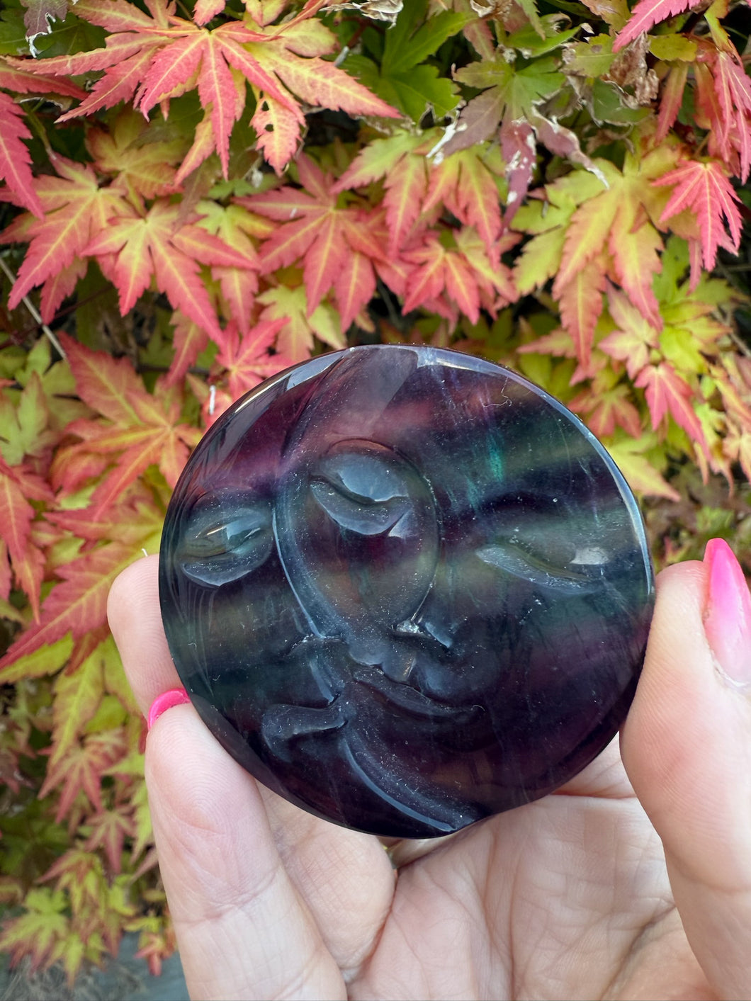 Rainbow Fluorite Moon and Sun Carving