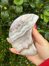 Load image into Gallery viewer, Large Amethyst and Crazy Lace Agate Moon Carving with Stand
