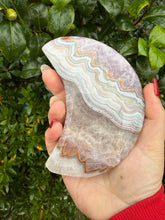 Load image into Gallery viewer, Large Amethyst and Crazy Lace Agate Moon Carving with Stand
