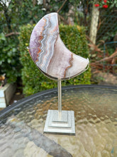 Load image into Gallery viewer, Large Amethyst and Crazy Lace Agate Moon Carving with Stand
