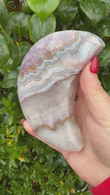 Load and play video in Gallery viewer, Large Amethyst and Crazy Lace Agate Moon Carving with Stand
