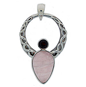 925 Sterling Silver Rose Quartz & Garnet Celtic Angel Pendant